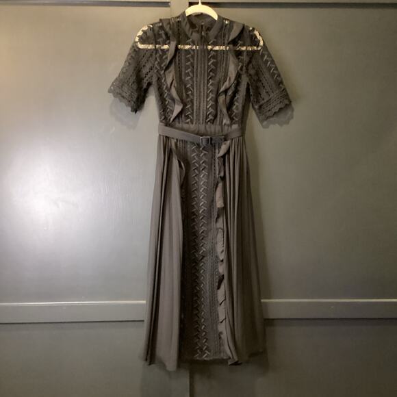 Self Portrait Geometric Black Lace Midi Dress short sleeve ruffle accents 2 - Picture 6 of 12